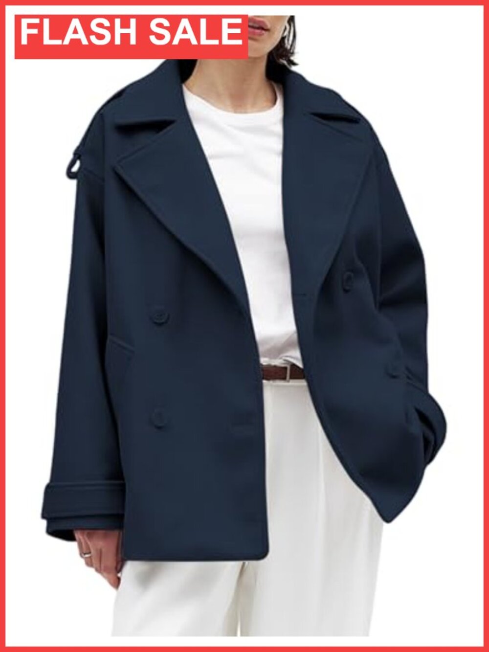 Oversized Crop Wool Blend Pea Coat Double Breasted Jacket